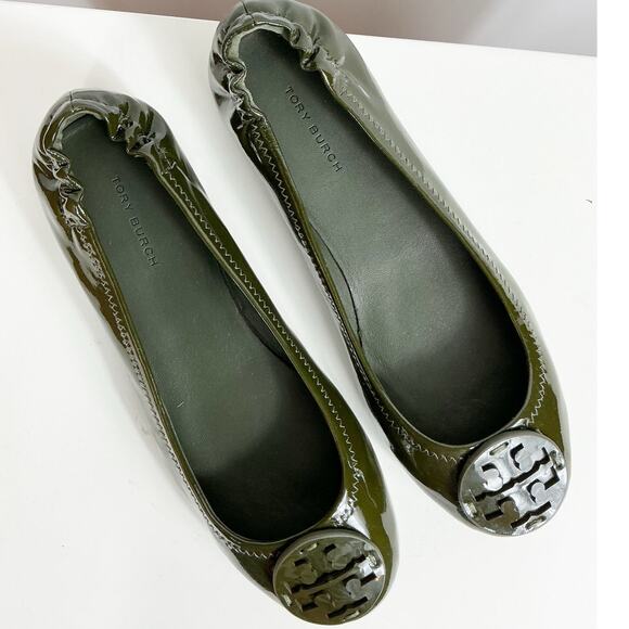 Tory Burch Womens Minnie Patent Leather Ballet Flats Shoes Leccio Dark Green 6.5 - Picture 1 of 8